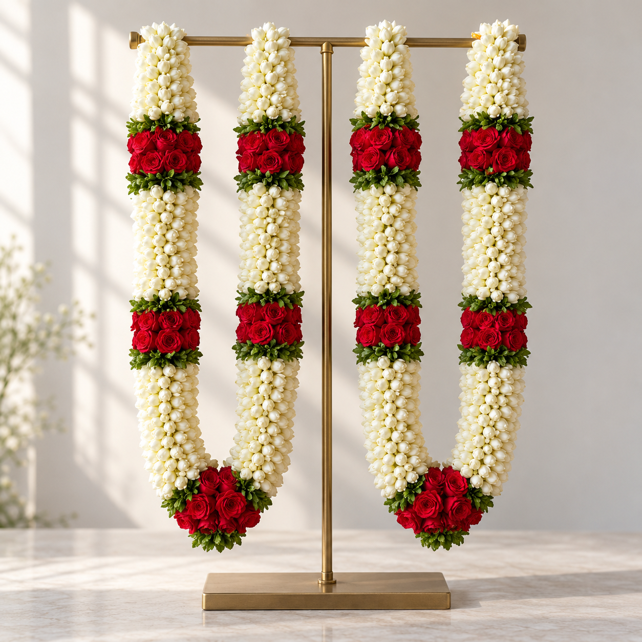 White jasmine and red rose flower garlands